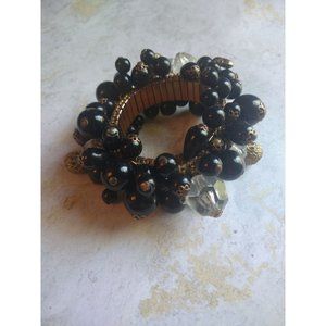 Vintage Black & Gold Chunky Beaded Stretch Bracelet Estate Retro Statement Jewel